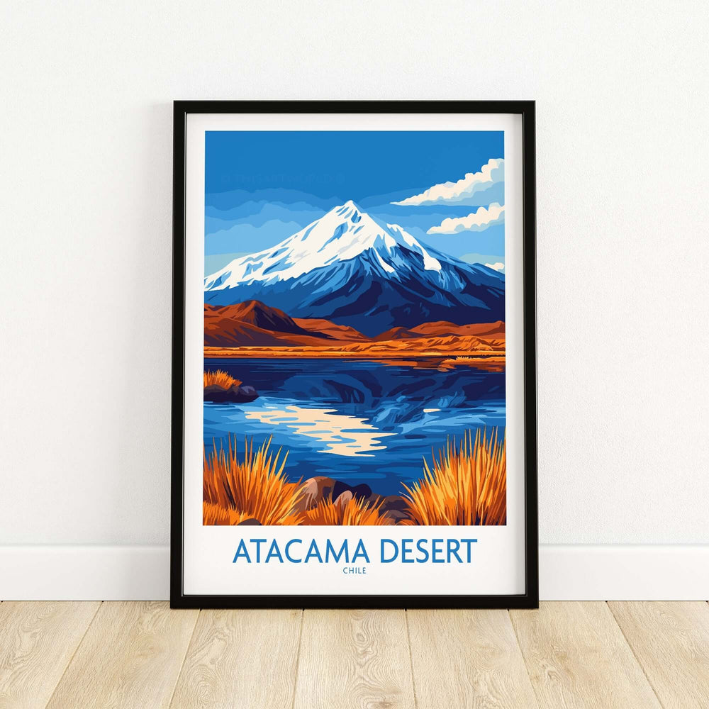 Atacama Desert travel poster featuring vibrant landscapes of Chile, mountains, and reflections in water.