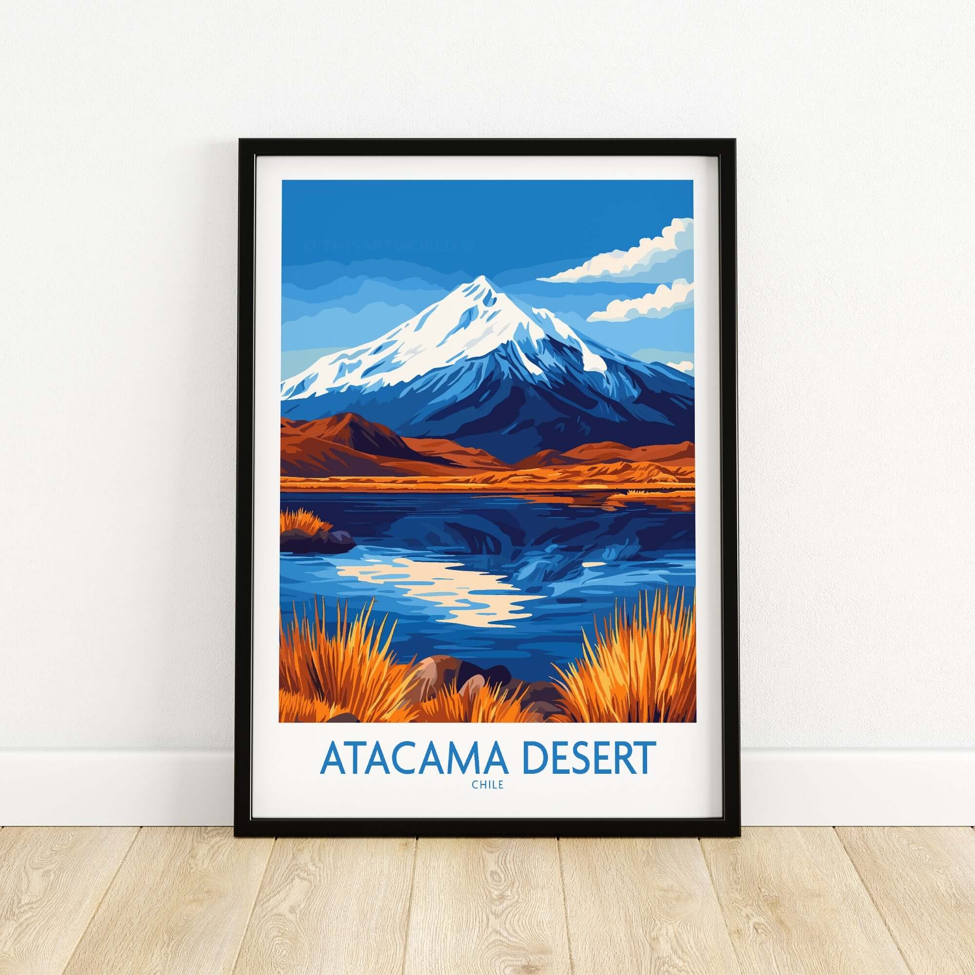 Atacama Desert Chile Travel Poster featuring vibrant landscapes and mountains in stunning colors.