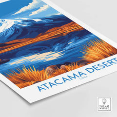 Atacama Desert Chile Travel Poster showcasing stunning landscapes of the desert and mountains in vibrant colors.