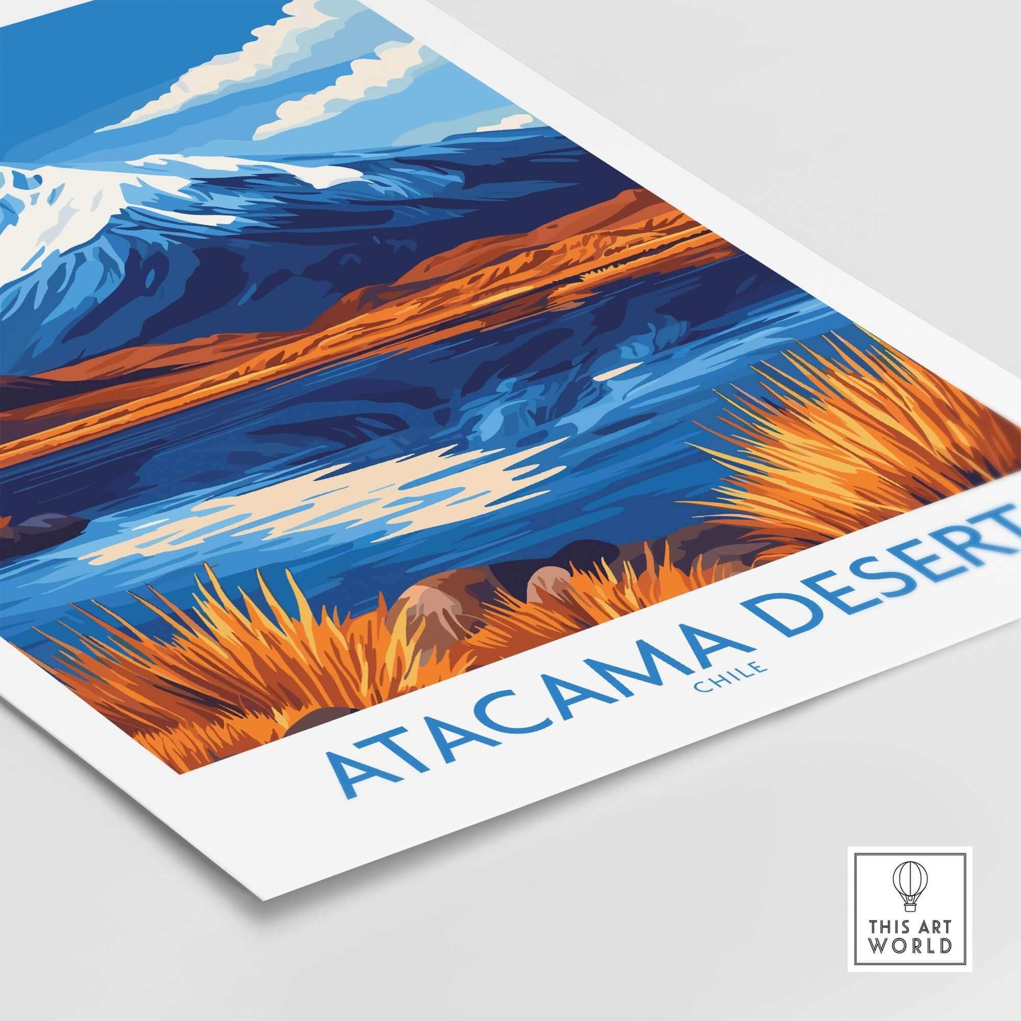 Atacama Desert Chile Travel Poster showcasing stunning landscapes of the desert and mountains in vibrant colors.