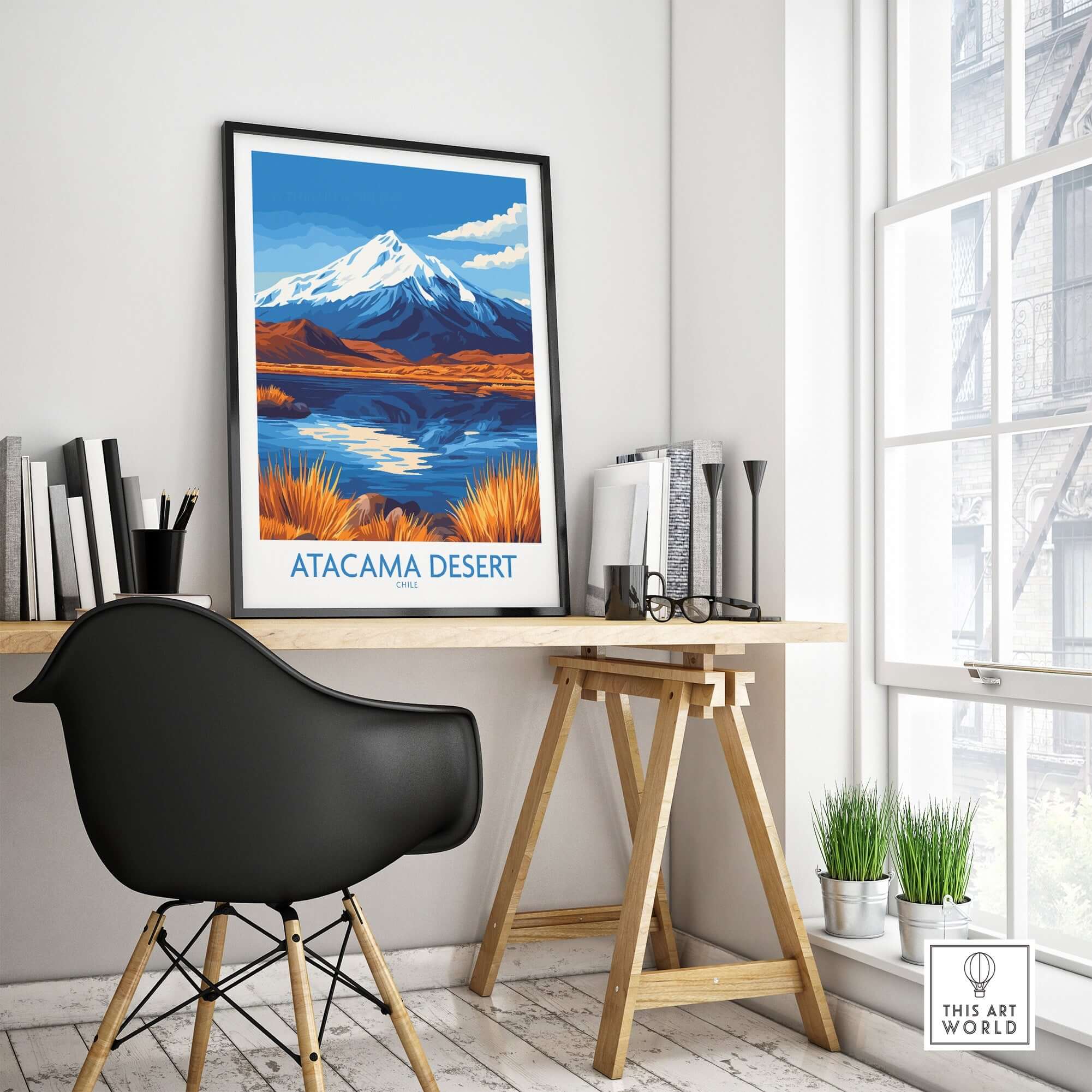 Atacama Desert Chile Travel Poster displayed in a stylish home workspace with mountain and lake scenery.