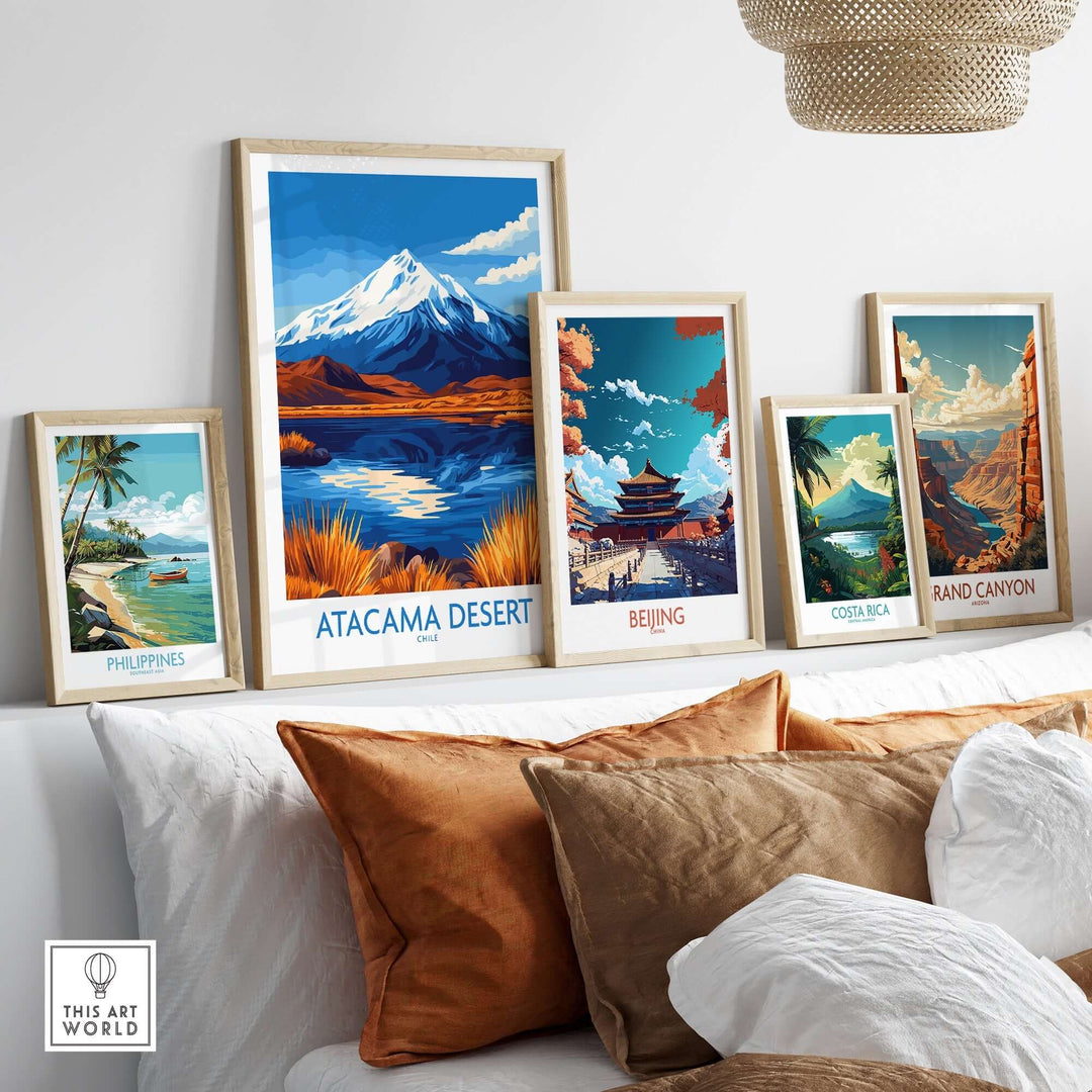 Atacama Desert travel poster among framed artworks of famous destinations, showcasing vibrant landscapes and cultures.