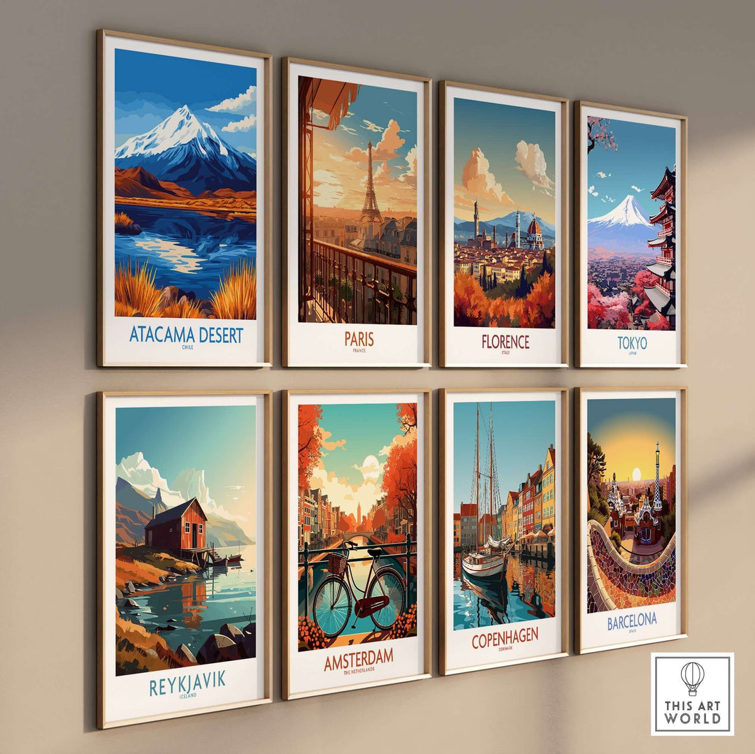 Collection of travel posters featuring Atacama Desert, Paris, Florence, Tokyo, Reykjavik, Amsterdam, Copenhagen, and Barcelona.