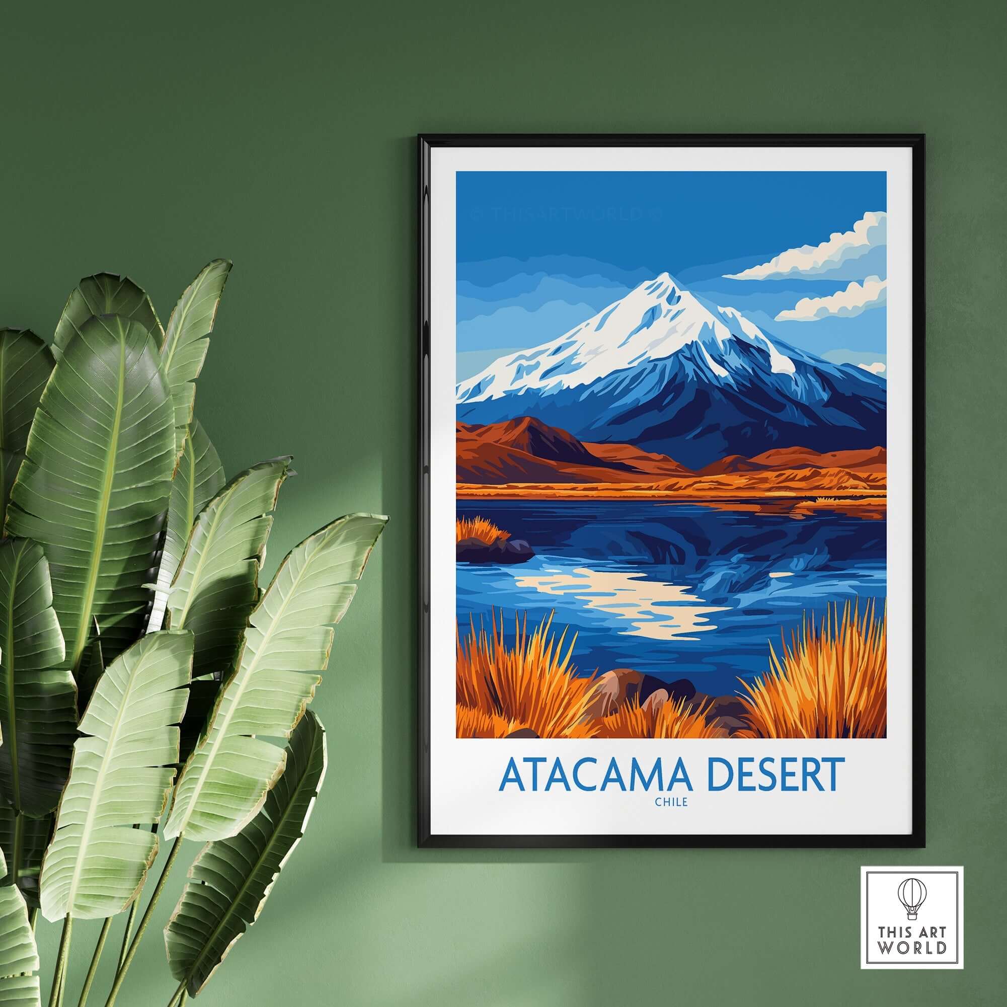 Atacama Desert Chile Travel Poster showcasing stunning mountain and lake scenery, perfect for travel enthusiasts.