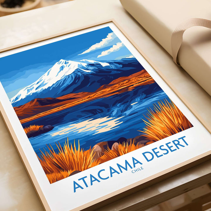 Atacama Desert travel poster featuring vibrant landscapes and mountains of Chile, perfect for adventure enthusiasts.