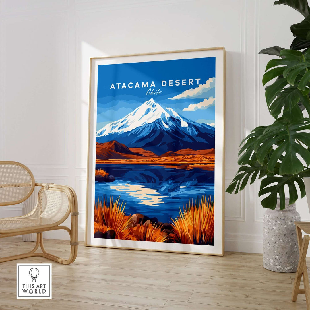 Atacama Desert Chile travel print featuring vibrant colors and mountain landscape, perfect for home decor and travel inspiration.