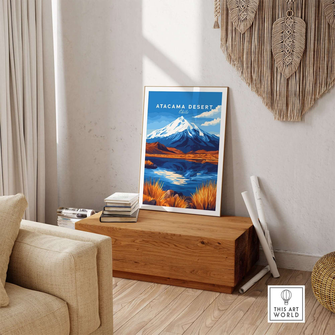 Atacama Desert travel print displayed in a stylish living room setting with vibrant colors and scenic mountain backdrop.