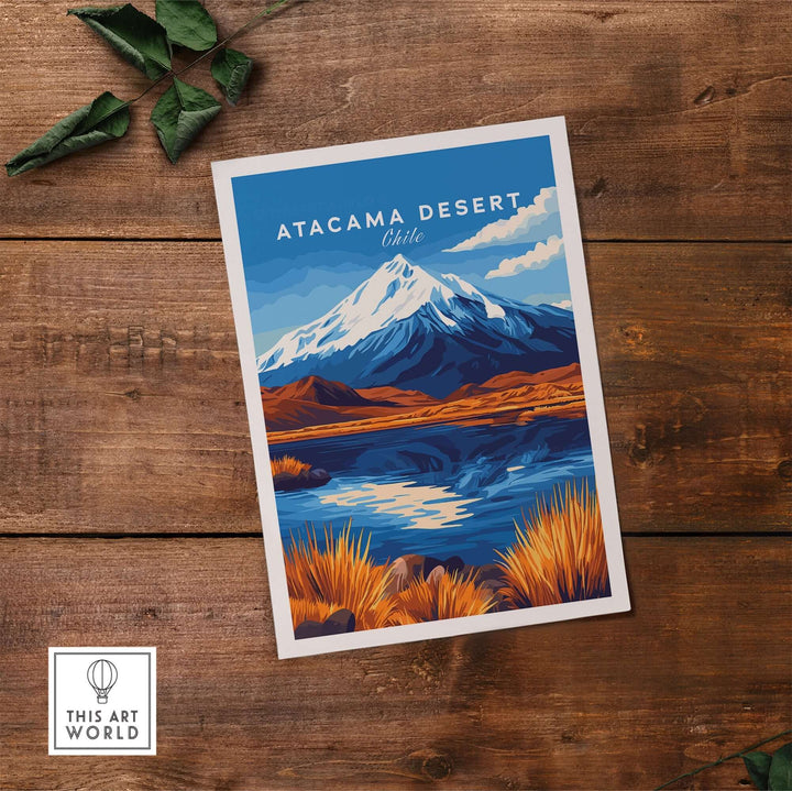 Atacama Desert travel print featuring vibrant colors and a scenic mountain landscape in Chile.