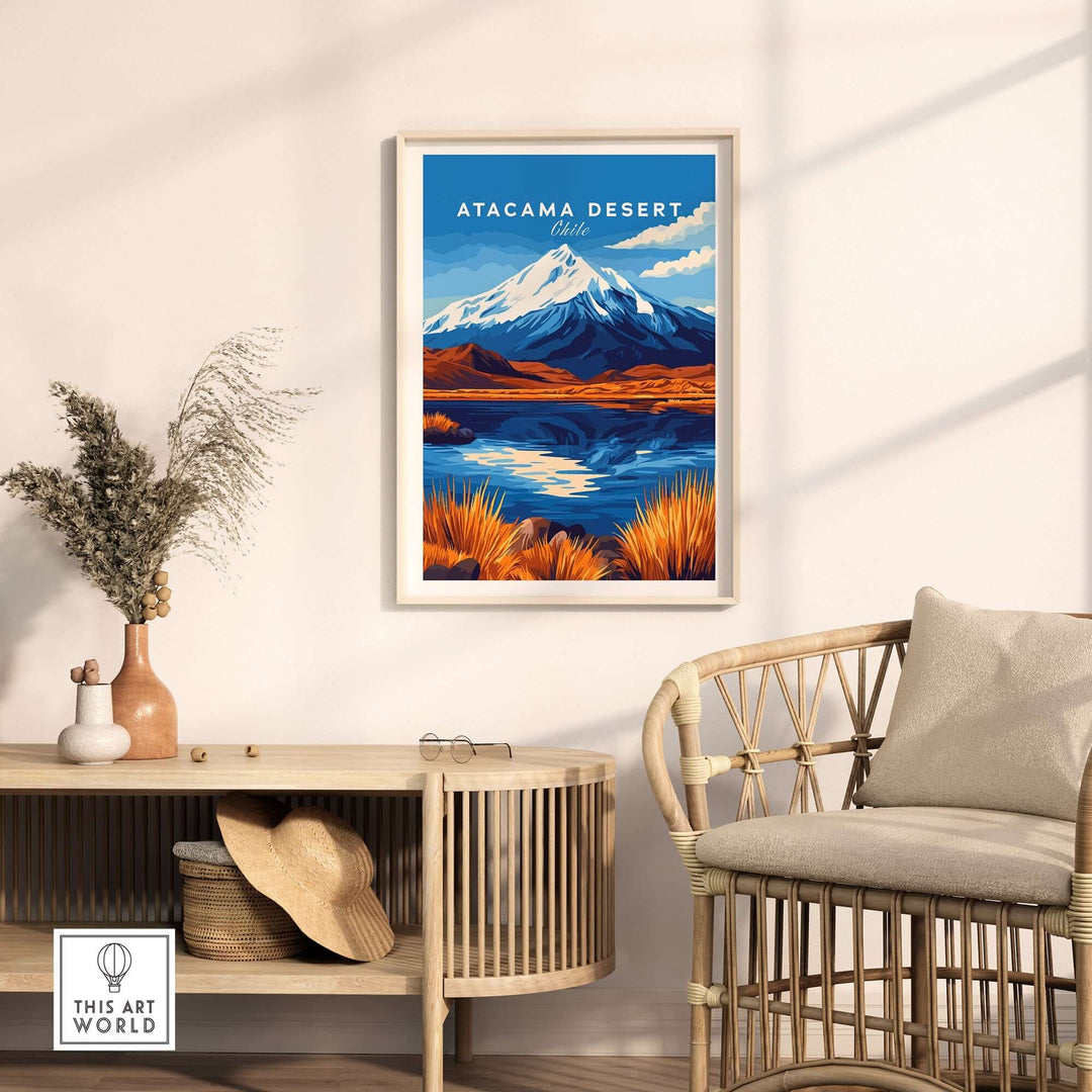 Atacama Desert Chile travel print framed in modern interior, showcasing vibrant colors and stunning mountain landscape.