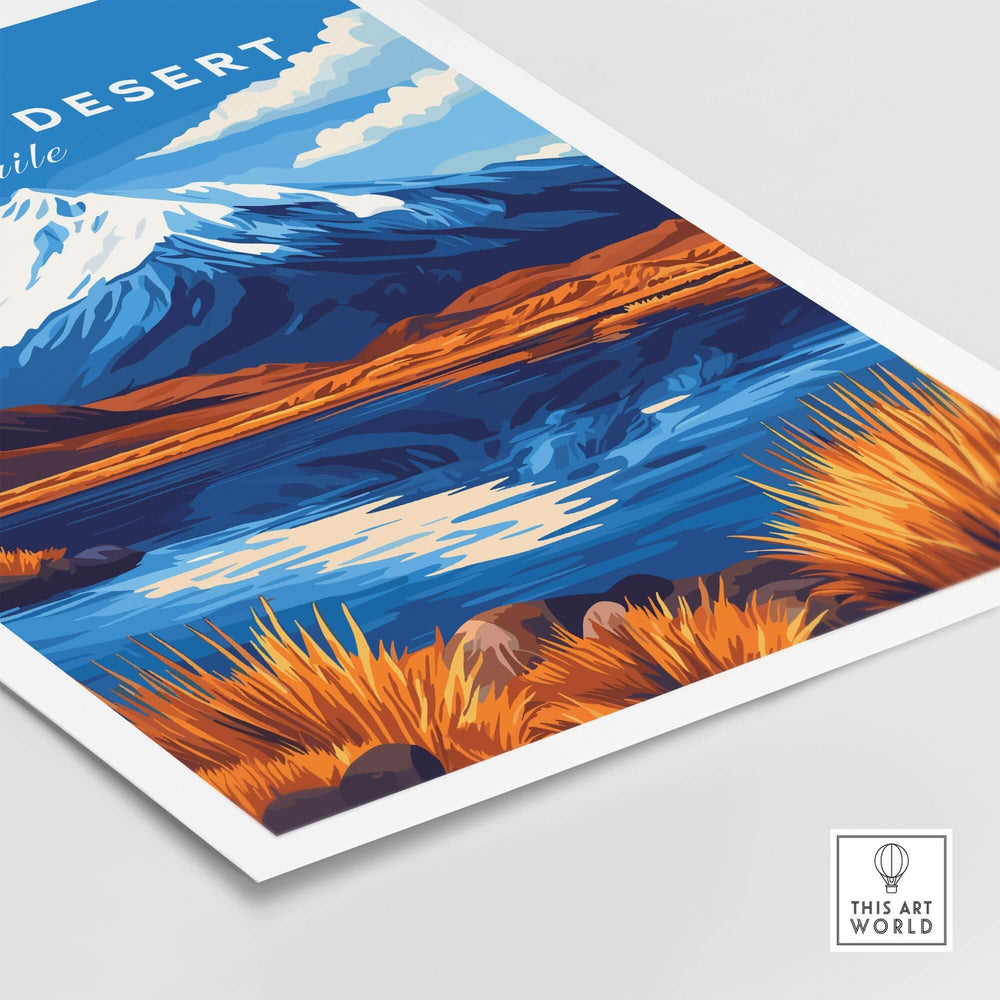 Atacama Desert travel print featuring vibrant colors and detailed landscape of mountains and grasslands in Chile.