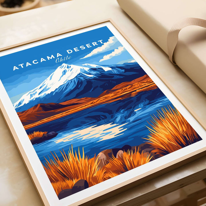 Atacama Desert travel print showcasing vibrant colors and stunning landscapes of Chile with mountains and reflections.