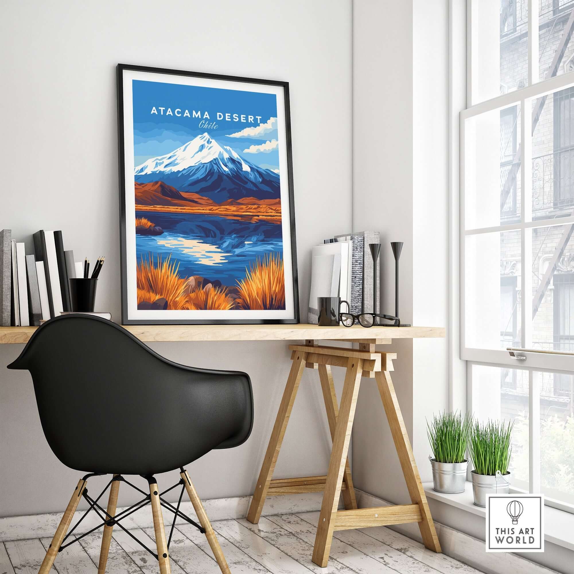 Atacama Desert Chile Travel Print displayed in a stylish home office setting with mountain and lake view.