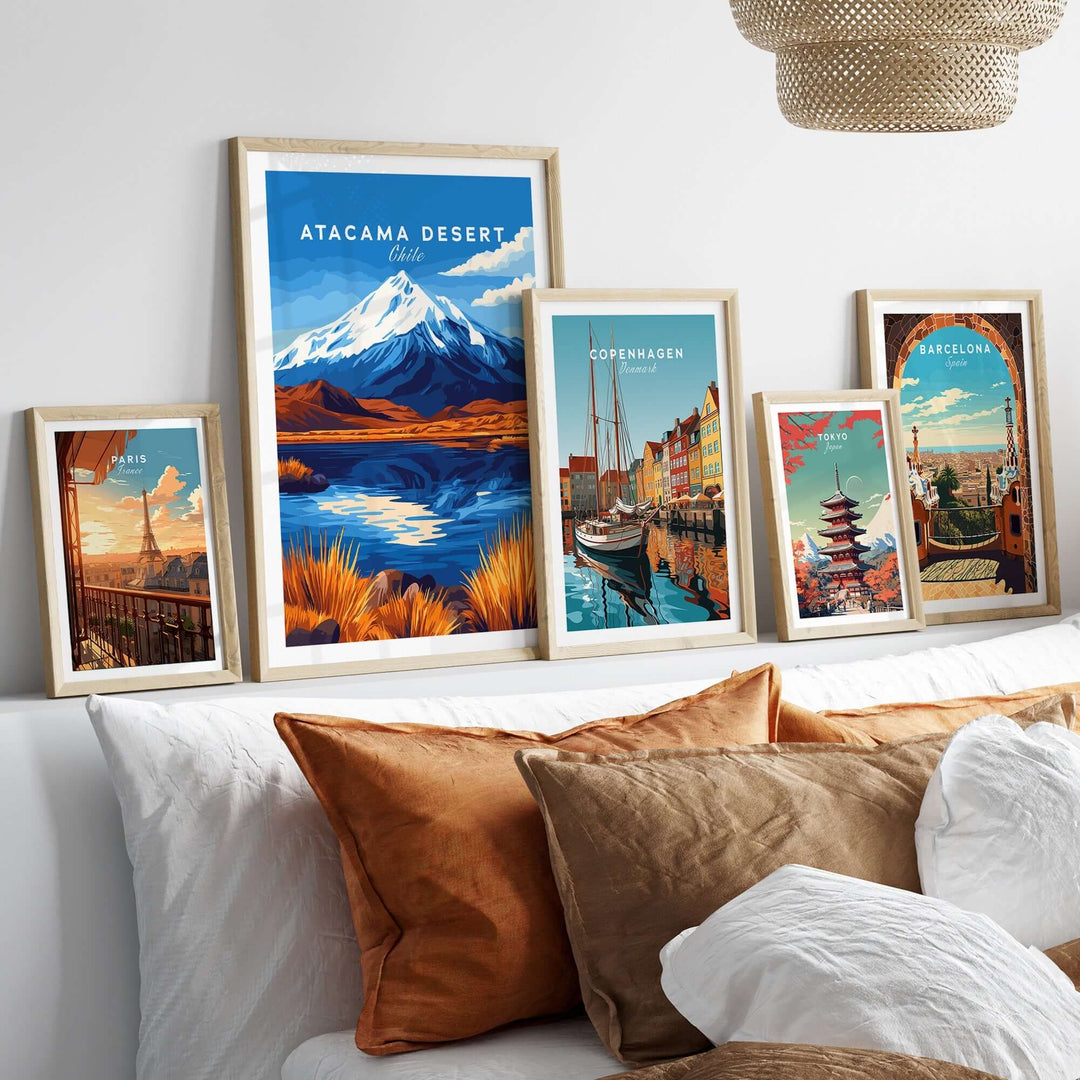 Atacama Desert Chile travel print displayed among other vibrant city travel prints on a cozy home decor shelf.