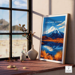 Atacama Desert Chile Travel Print showcased in a stylish frame on a sunny windowsill, perfect for home decor.