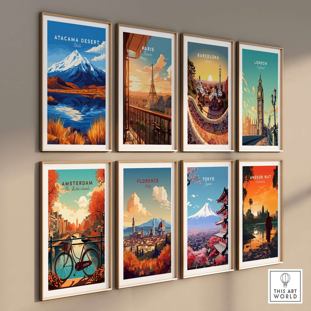 Set of vibrant travel prints featuring Atacama Desert, Paris, Barcelona, London, Amsterdam, Florence, Tokyo, and Angkor Wat.