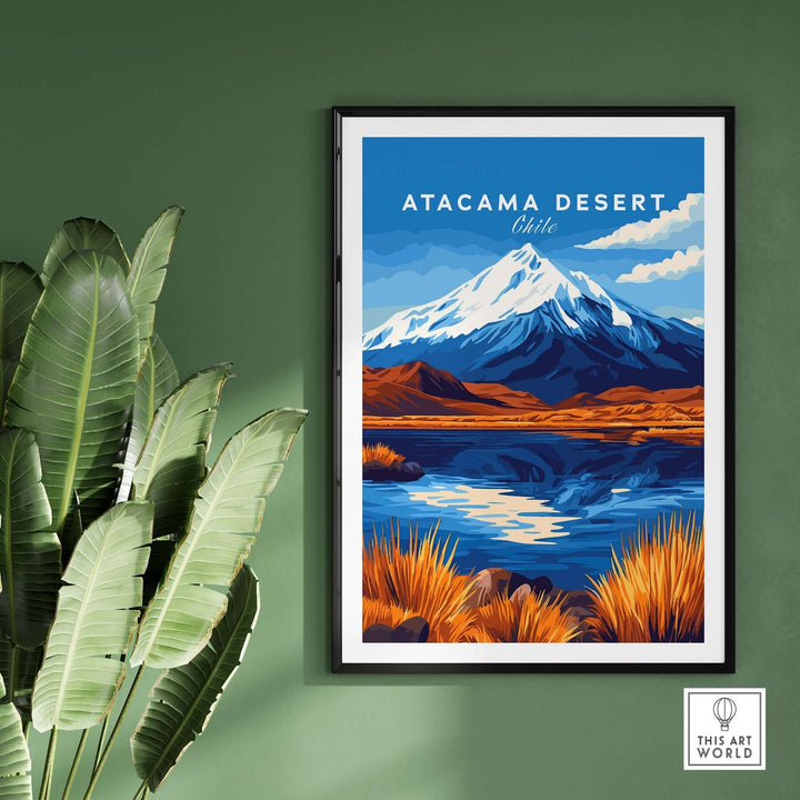 Atacama Desert travel print featuring vibrant colors, mountains, and a reflective lake against a green wall.