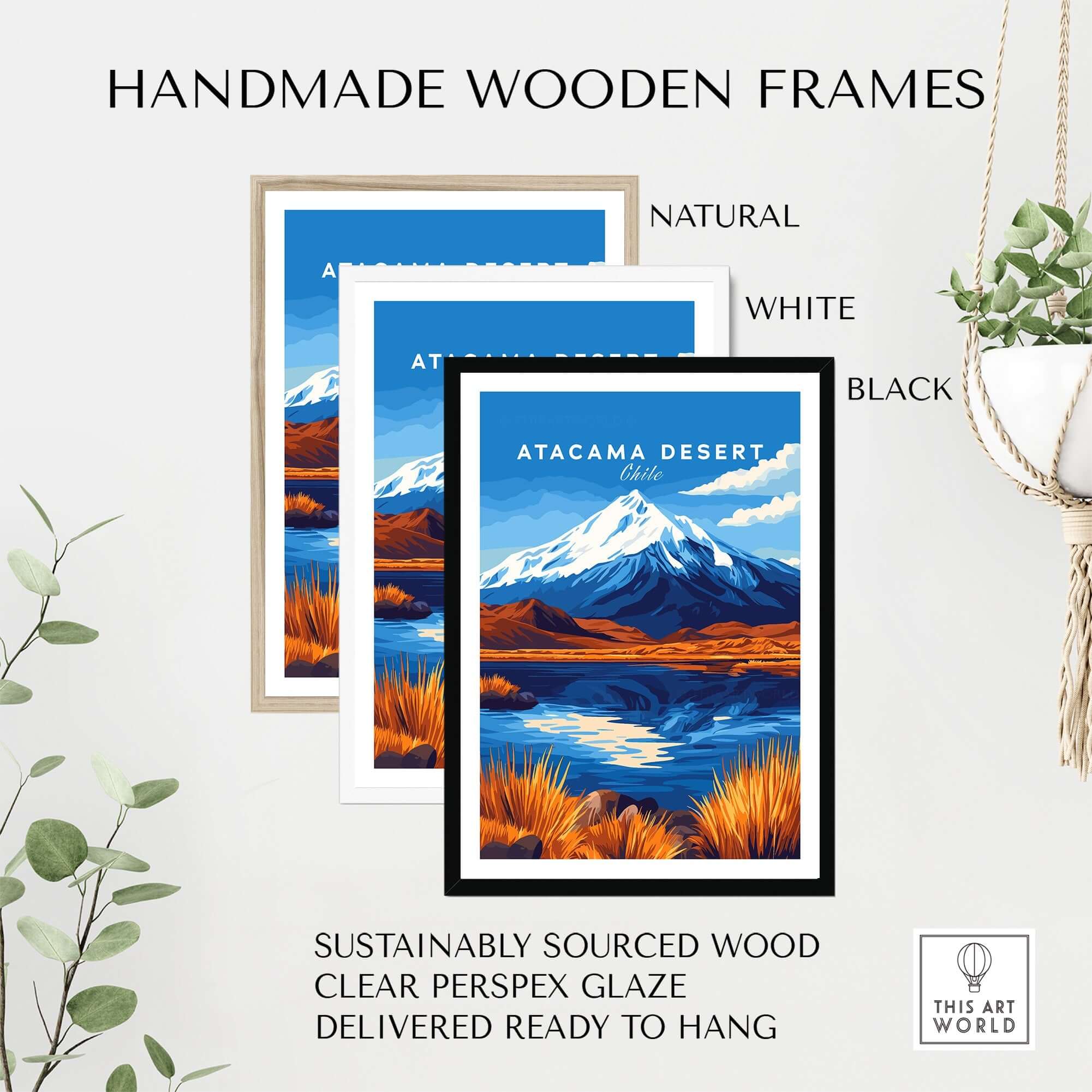Handmade wooden frames for Atacama Desert Chile Travel Print in natural, white, and black finishes.
