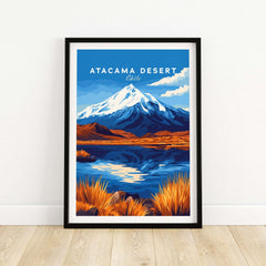 Atacama Desert Chile Travel Print artwork featuring vibrant mountains and reflection on water.