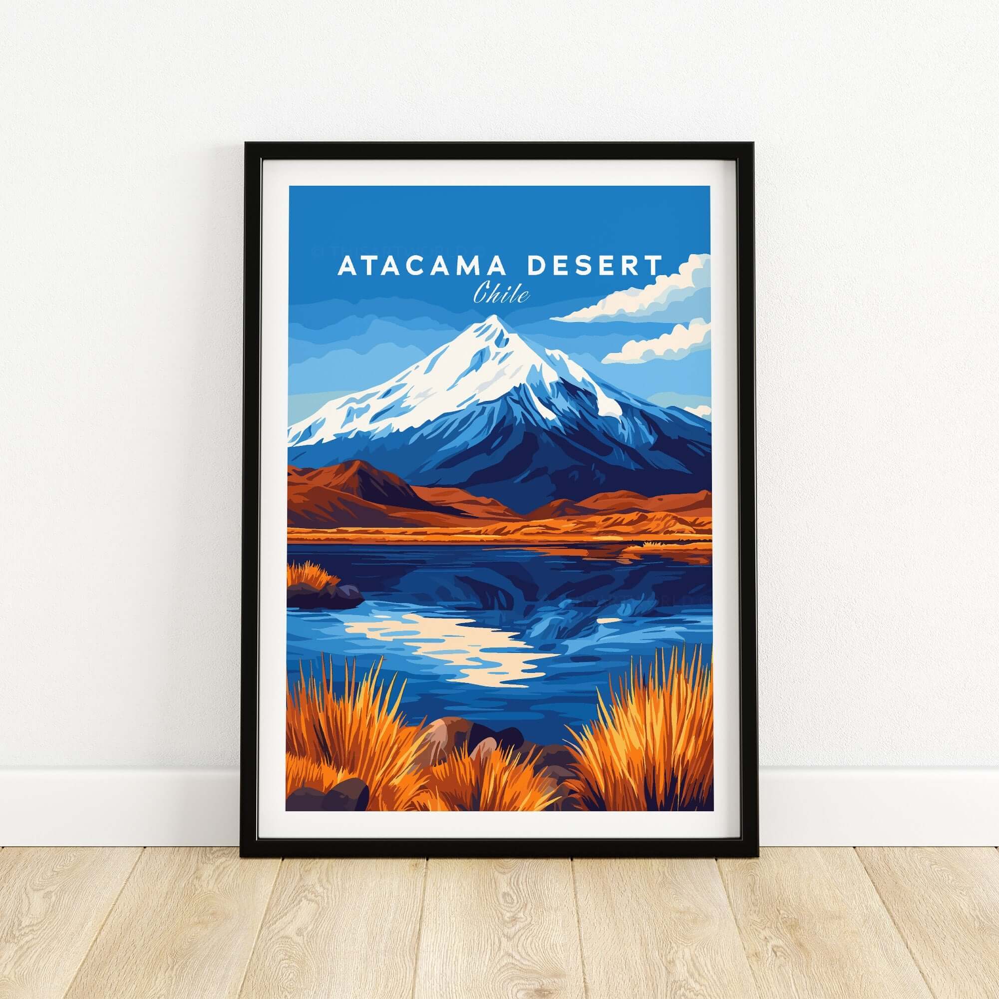 Atacama Desert Chile Travel Print artwork featuring vibrant mountains and reflection on water.
