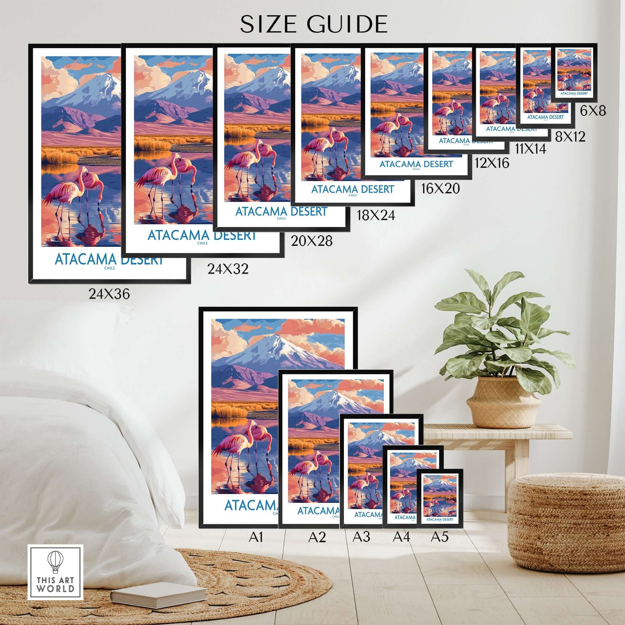 Atacama Desert Poster size guide showcasing various dimensions in a stylish home setting.