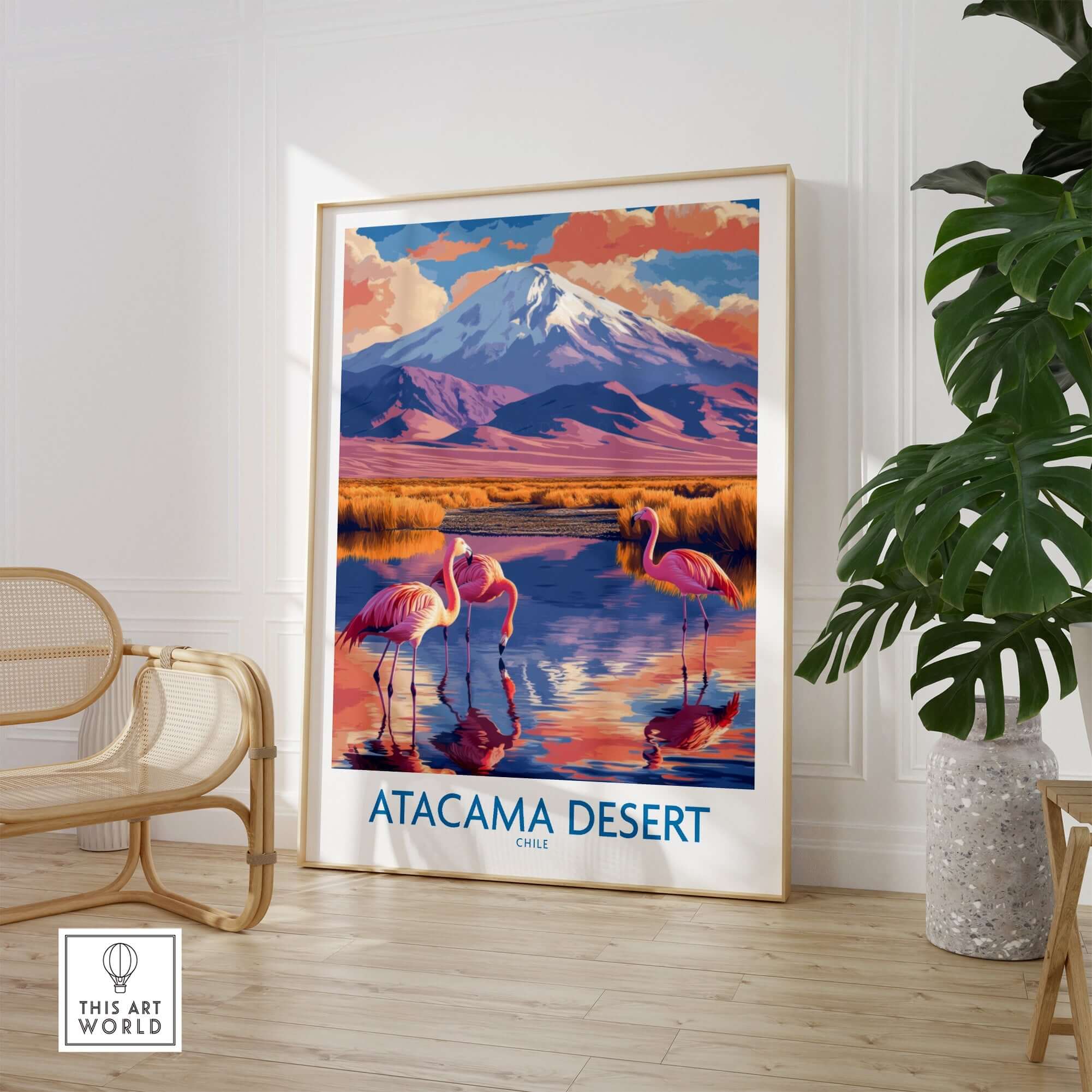 Atacama Desert Poster featuring stunning landscape and flamingos in a serene setting.
