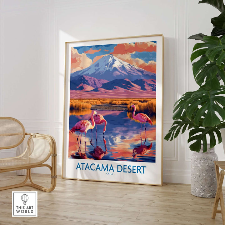 Atacama Desert poster featuring pink flamingos and a mountain landscape in a stylish living room setting.