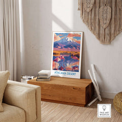 Atacama Desert Poster displayed in a cozy living room setting with natural elements and a view of the desert landscape.