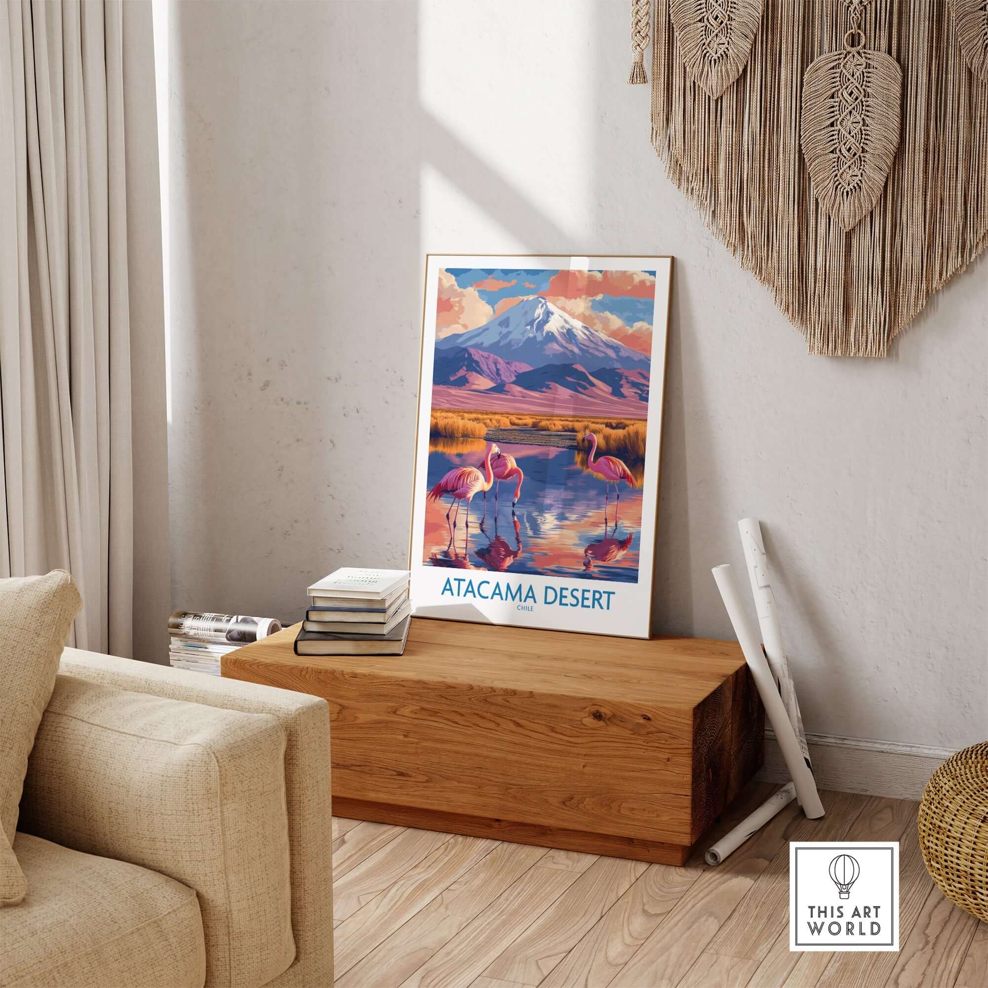 Atacama Desert Poster displayed in a cozy living room setting with natural elements and a view of the desert landscape.