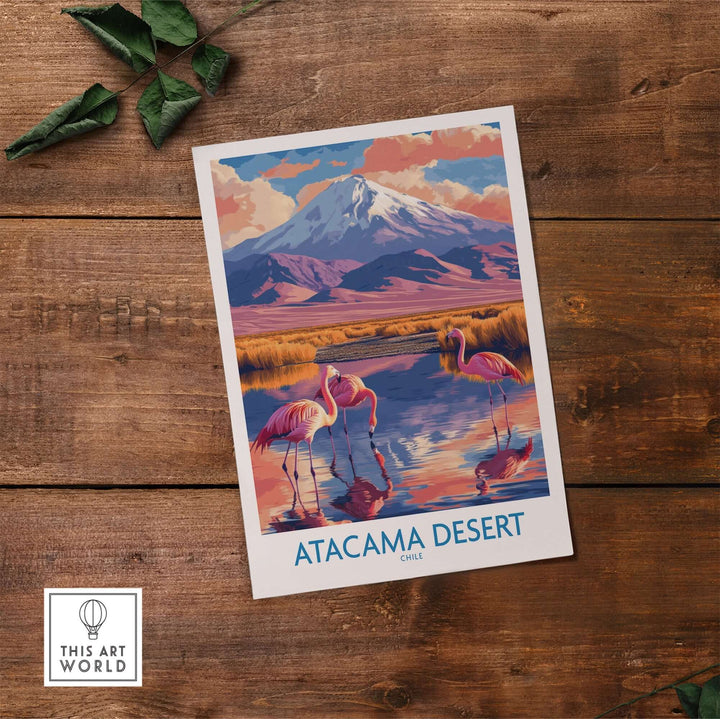 Atacama Desert poster featuring flamingos and mountains, perfect for enhancing home decor and inspiring wanderlust.