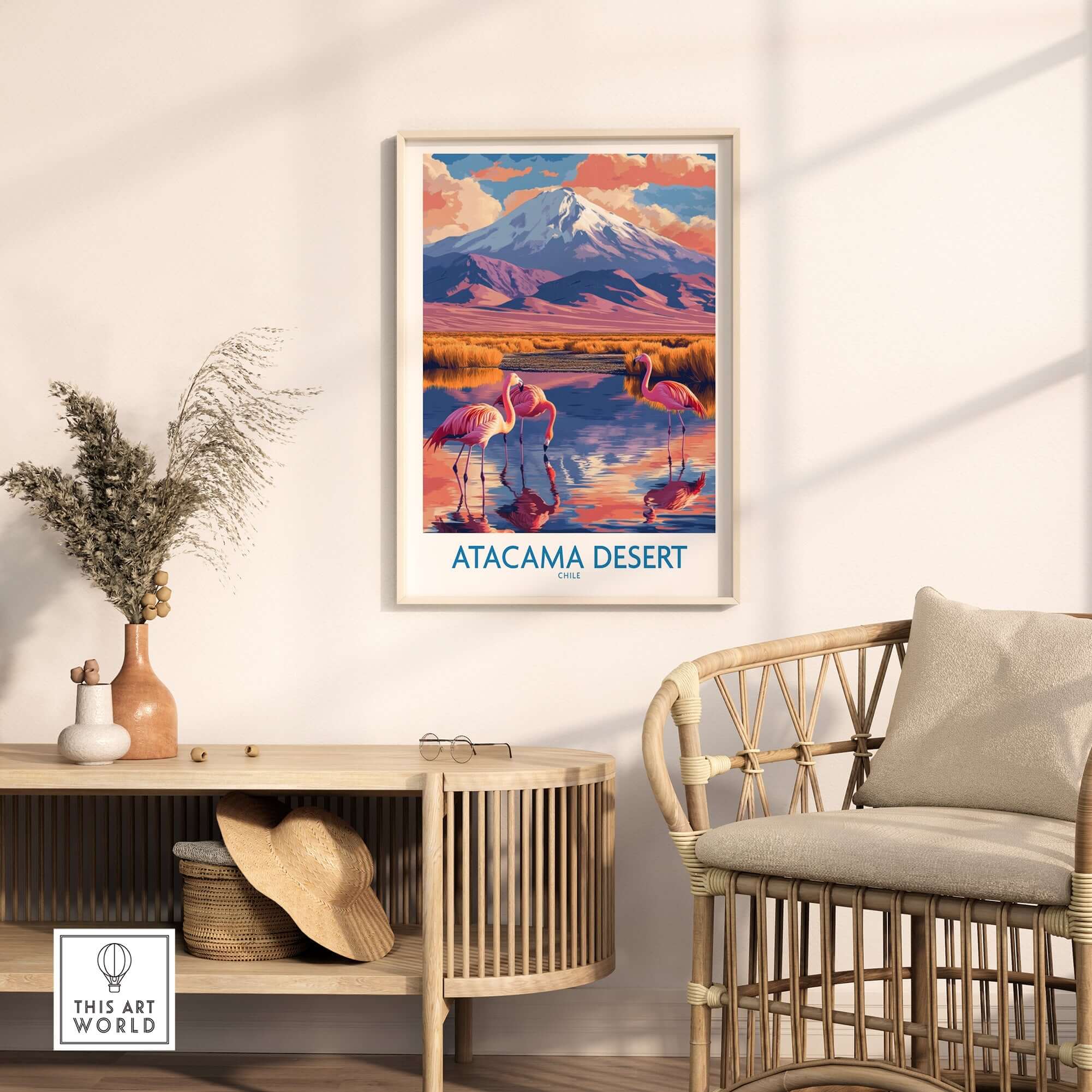 Atacama Desert Poster featuring flamingos and mountains, adding a touch of nature to home decor.