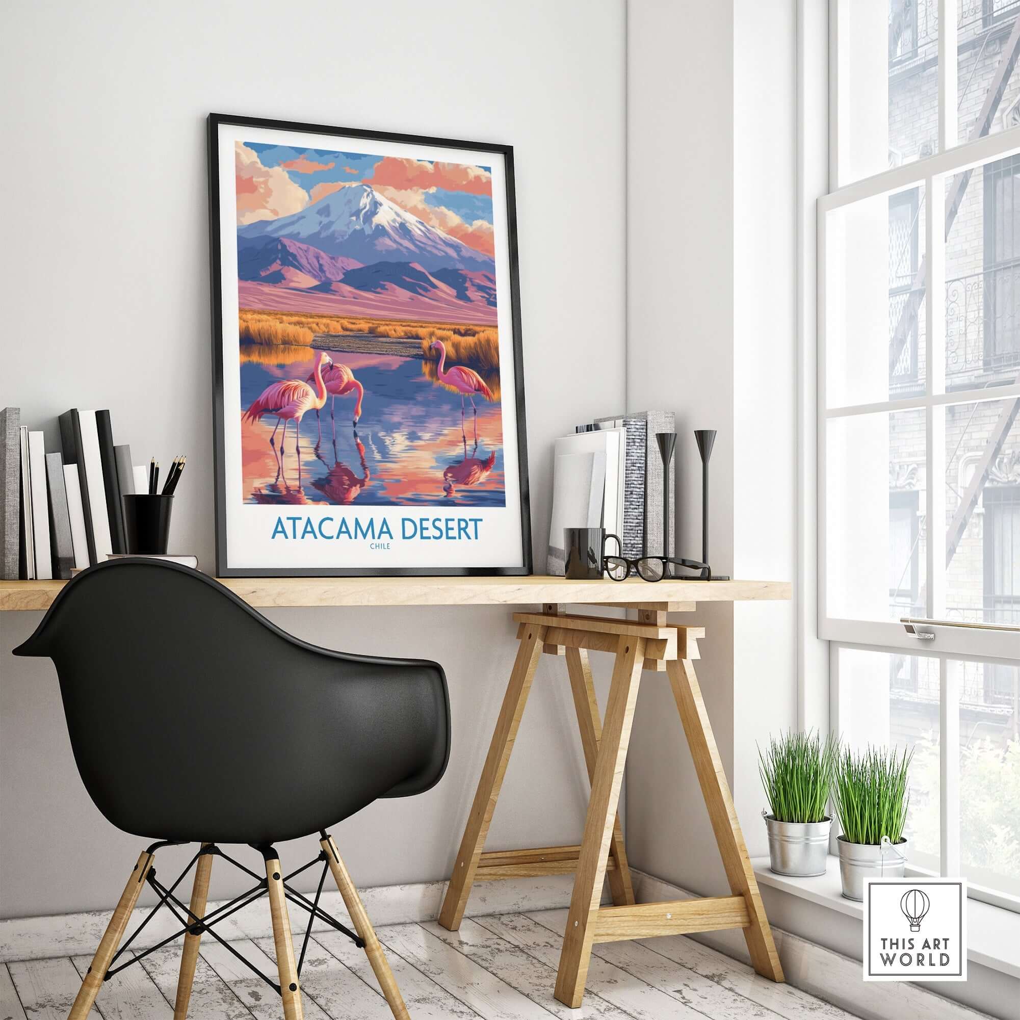 Atacama Desert Poster featuring vibrant landscapes and flamingos in a modern home office setting.