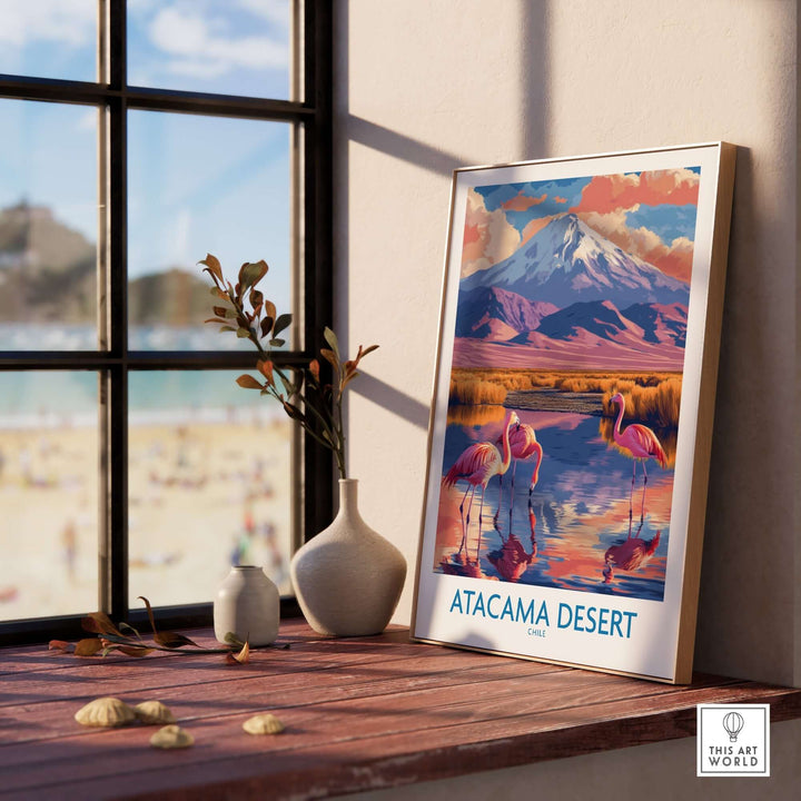 Atacama Desert poster on a windowsill with flamingos, showcasing vibrant landscapes and mountain views.