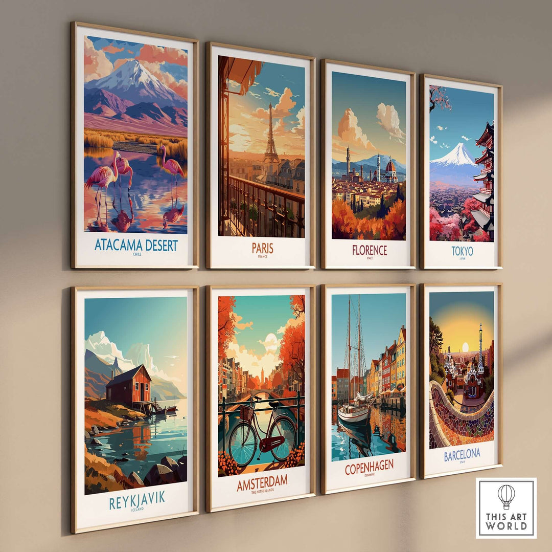 Colorful collection of travel posters featuring Atacama Desert, Paris, Florence, Tokyo, Reykjavik, Amsterdam, Copenhagen, and Barcelona.