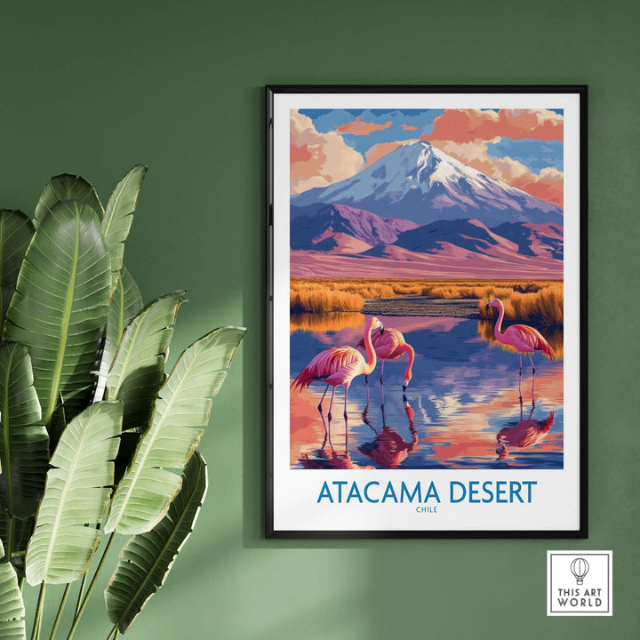 Atacama Desert poster featuring vibrant colors, flamingos, and a snow-capped mountain, perfect for travel enthusiasts.