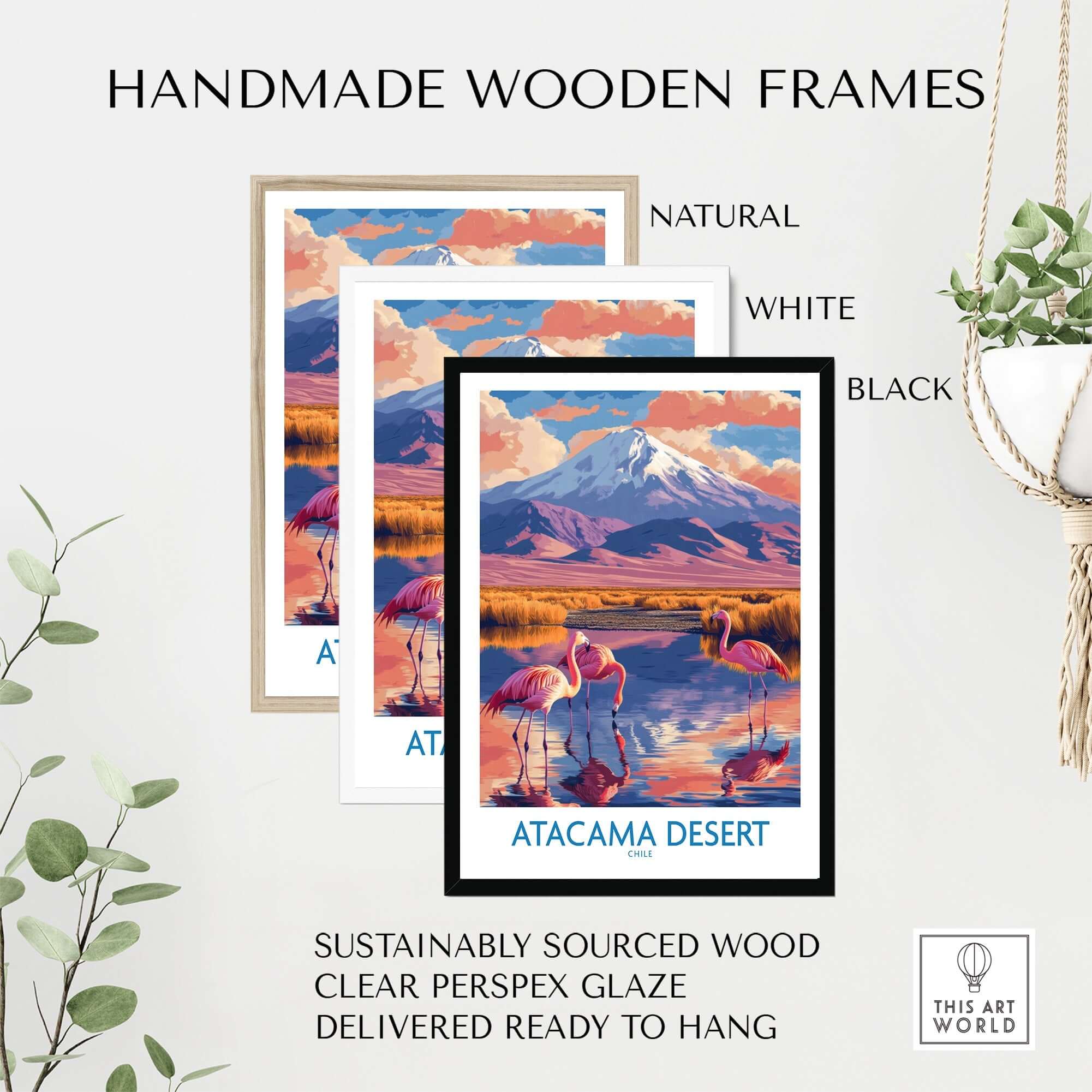 Handmade wooden frames displaying the Atacama Desert Poster, available in natural, white, and black finishes.