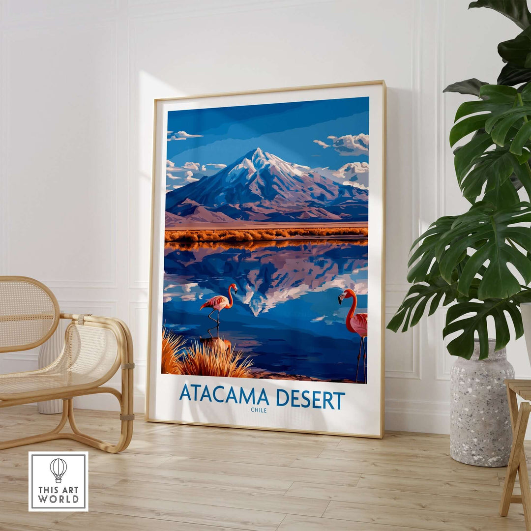 Atacama Desert poster featuring vibrant flamingos and mountains, perfect for adding exotic charm to your home decor.