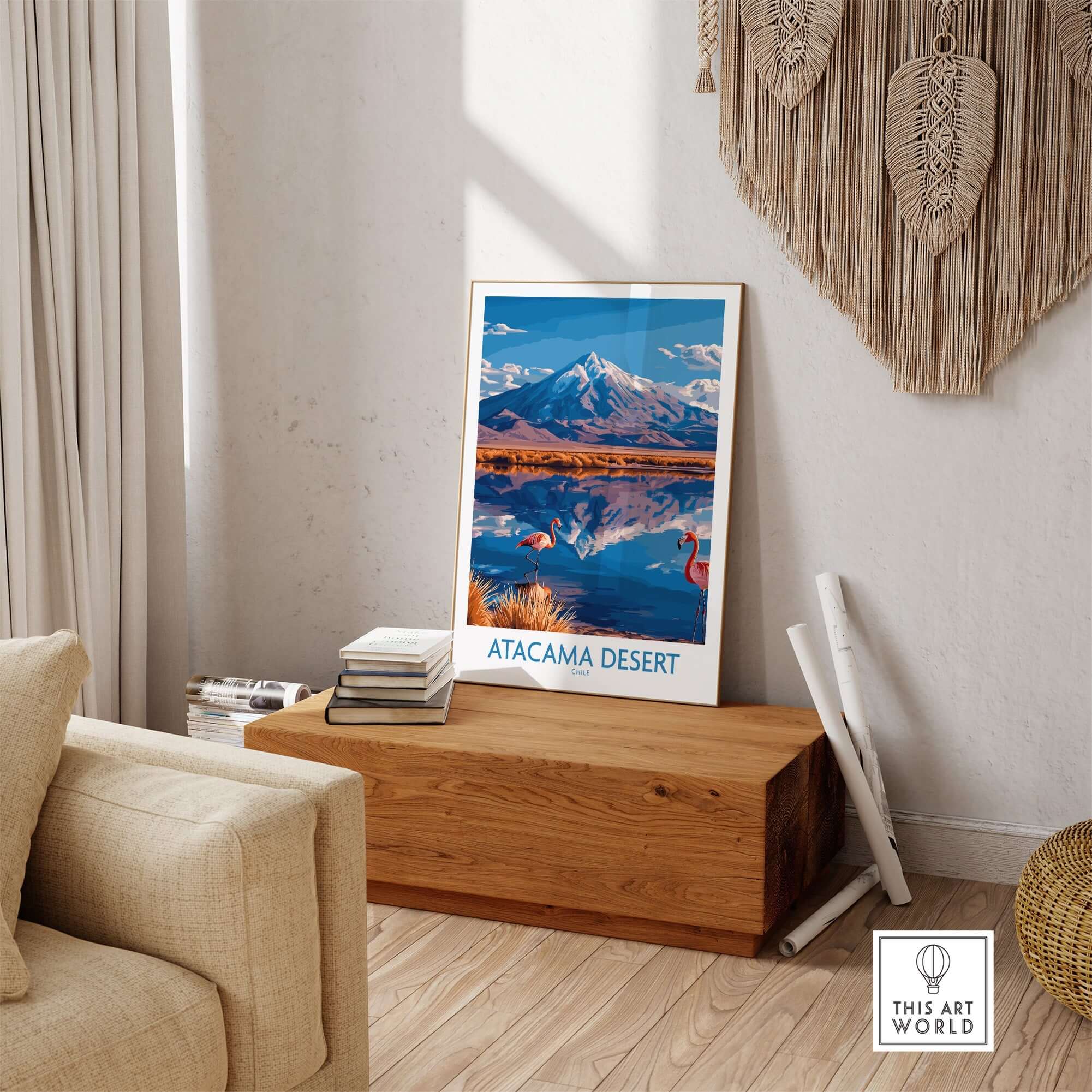 Atacama Desert Poster Chile showcasing a beautiful desert landscape with flamingos and mountains in a bright setting.