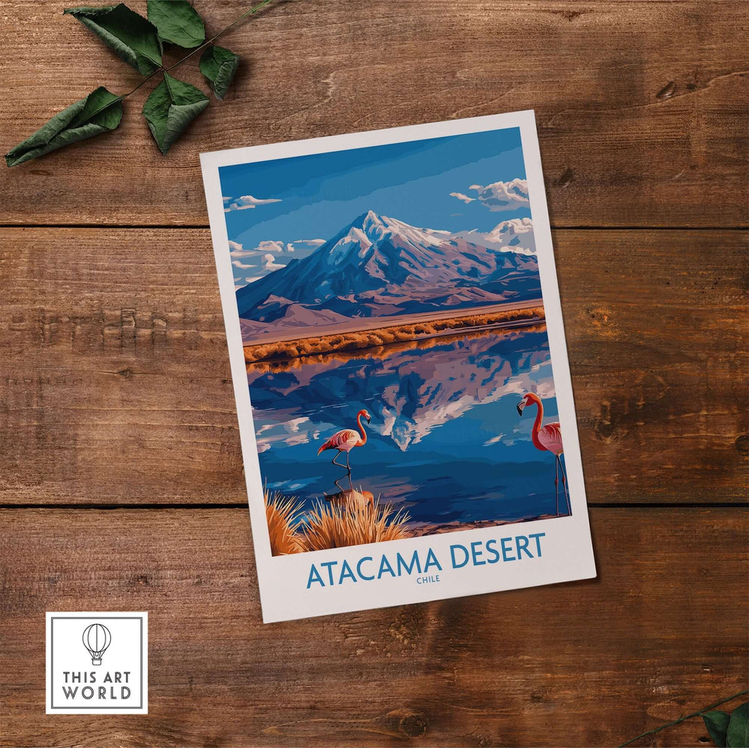 Atacama Desert poster featuring vibrant flamingos and mountain reflections, perfect for home decor inspired by Chile.