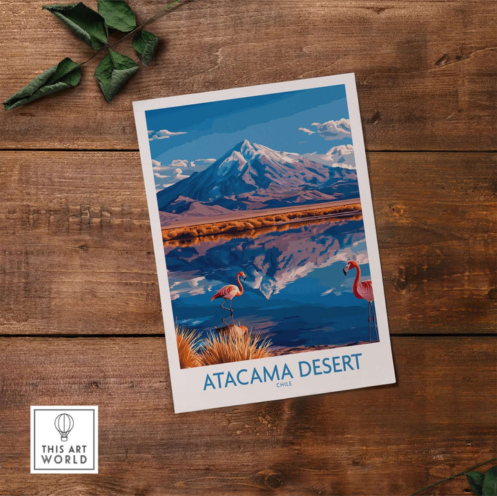 Atacama Desert poster featuring vibrant flamingos and mountain reflections, perfect for home decor inspired by Chile.