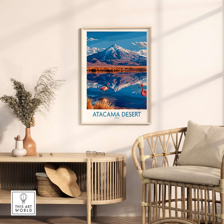 Atacama Desert poster featuring flamingos and mountains, perfect for home decor.