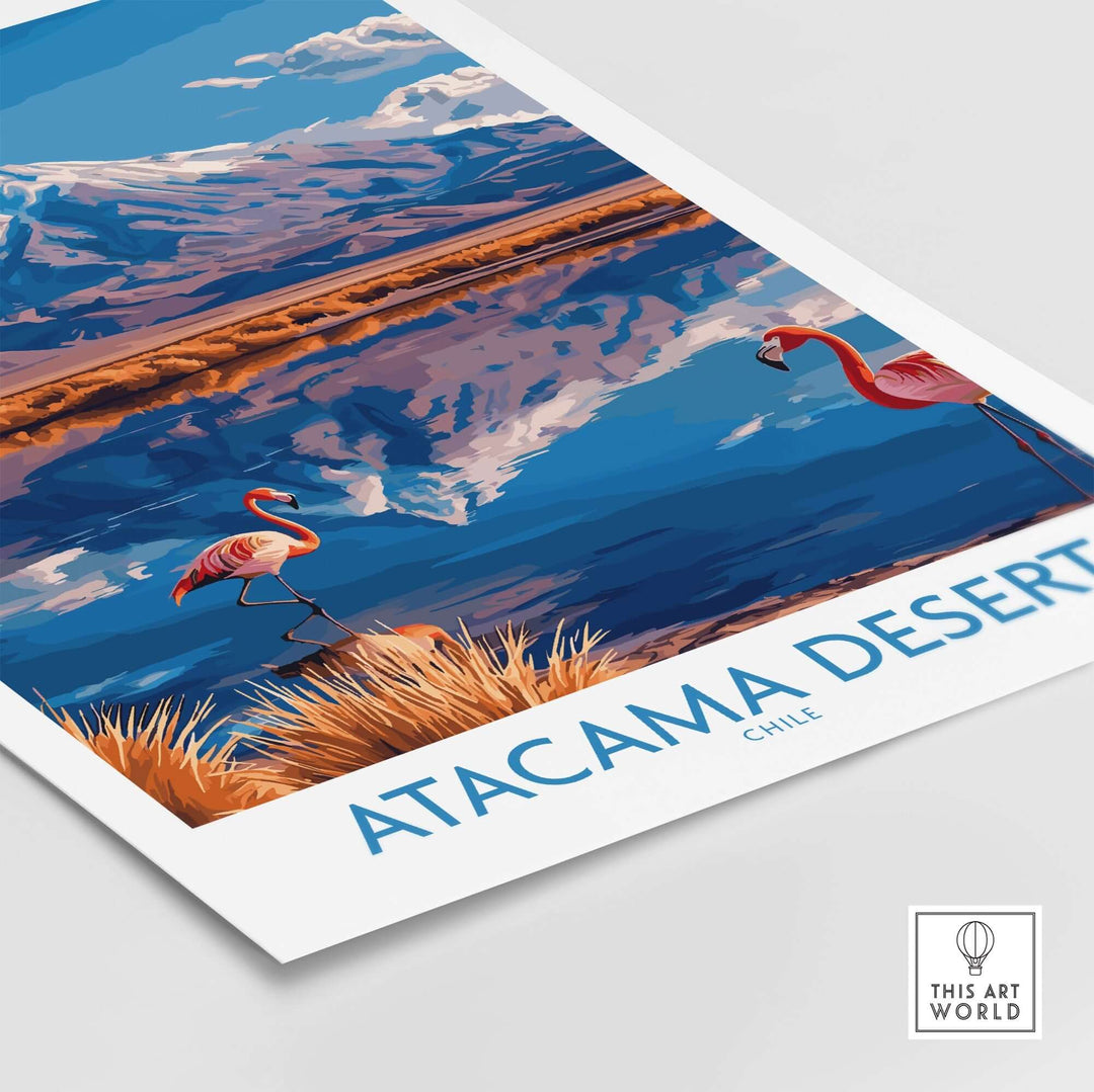 Atacama Desert poster featuring vibrant flamingos and scenic landscape from Chile, perfect for home decor.