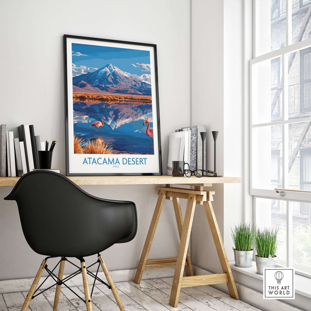 Atacama Desert poster featuring flamingos, showcased in a modern workspace with a stylish chair and plants.