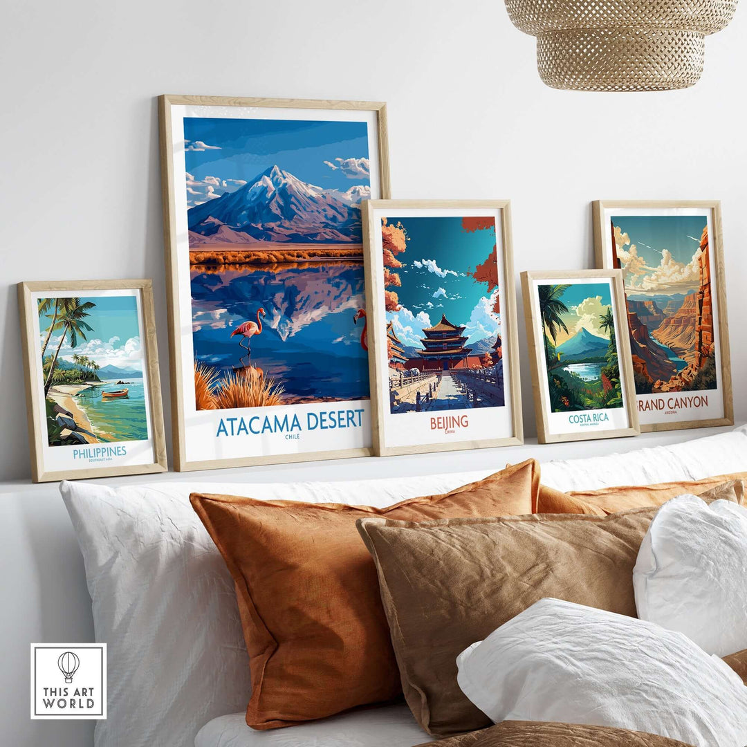 Atacama Desert poster among other travel-themed art prints in a stylish home setting, showcasing vibrant landscapes and cultures.