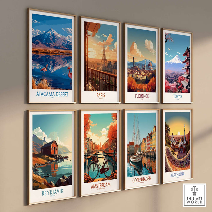 Colorful travel poster collection featuring Atacama Desert, Paris, Florence, Tokyo, Reykjavik, Amsterdam, Copenhagen, and Barcelona.