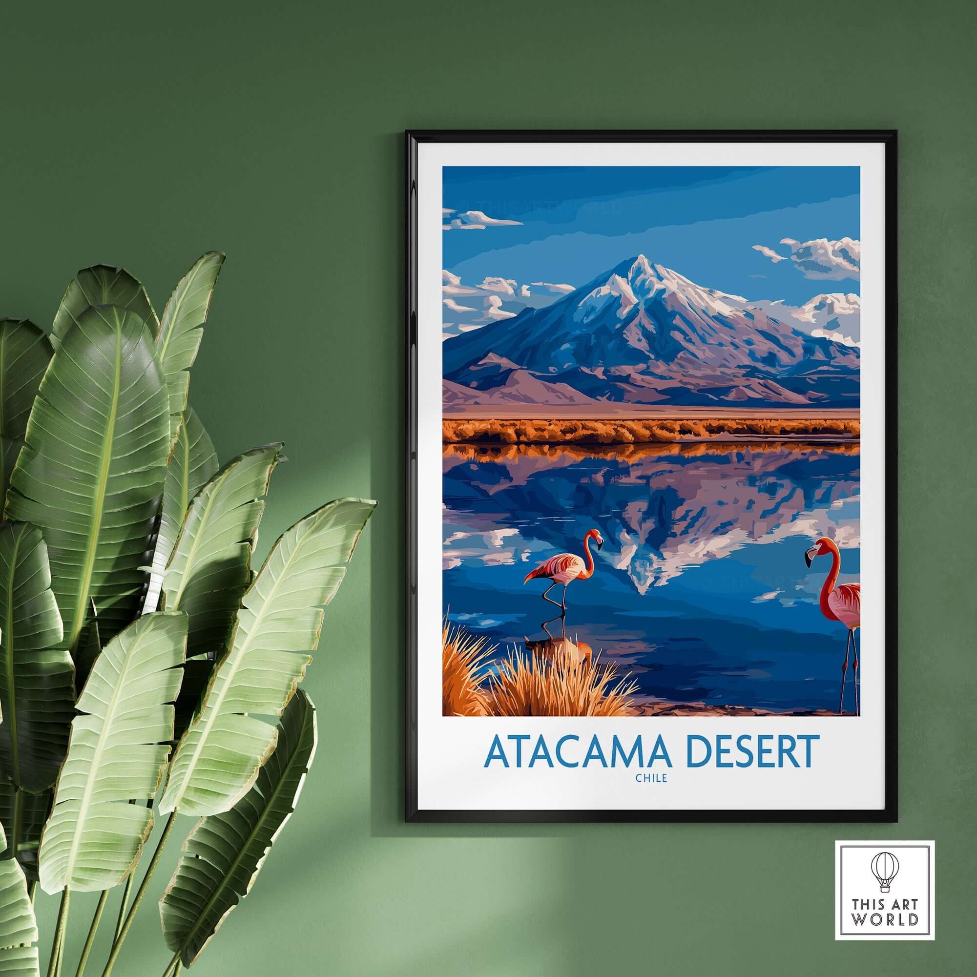 Atacama Desert Poster Chile featuring vibrant flamingos and stunning mountainous desert landscape.