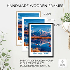 Atacama Desert Poster Chile framed in handmade wooden frames, showcasing vibrant flamingos and a stunning desert landscape.