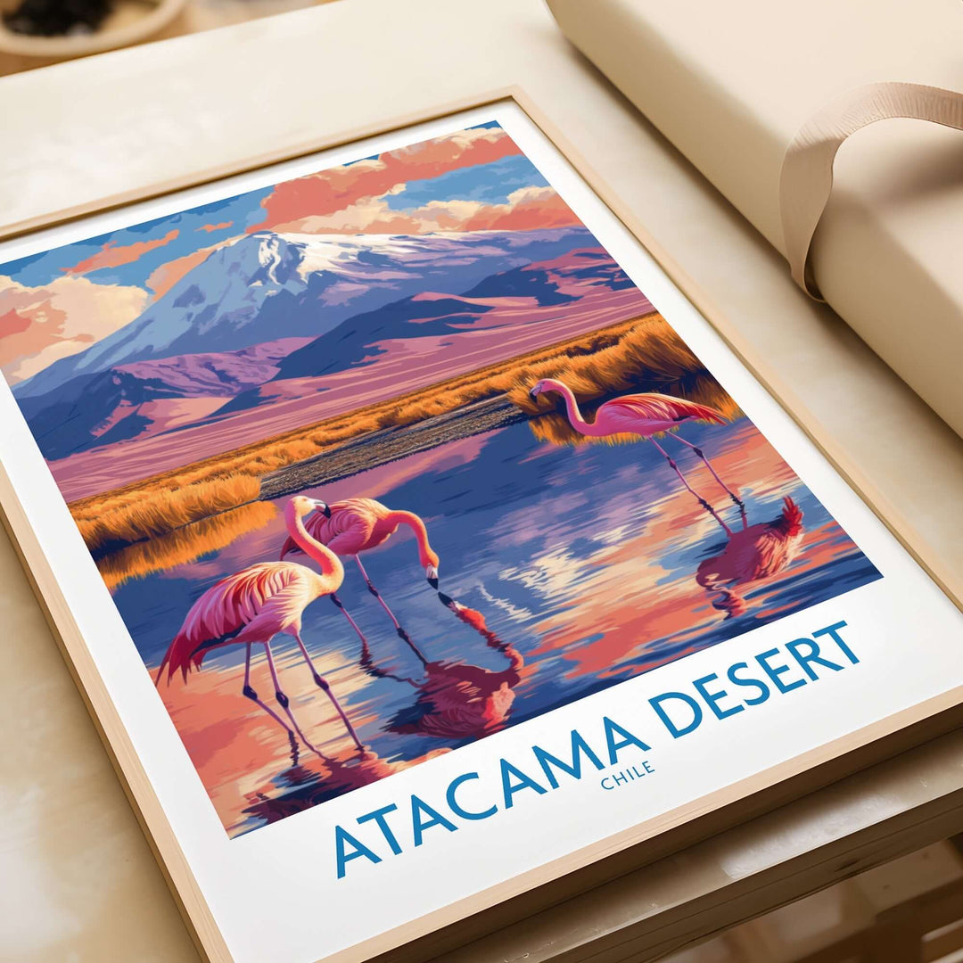 Atacama Desert poster featuring pink flamingos and a mountain landscape, perfect for home decor and nature lovers.