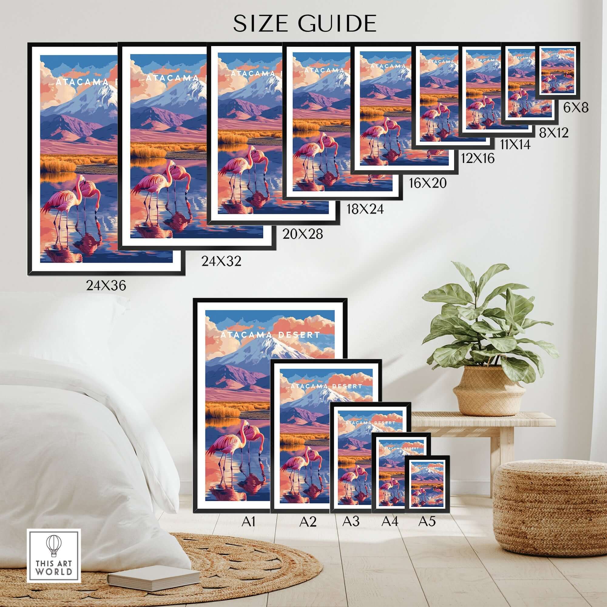 Size guide for Atacama Desert Print showcasing various frame sizes and vibrant imagery.