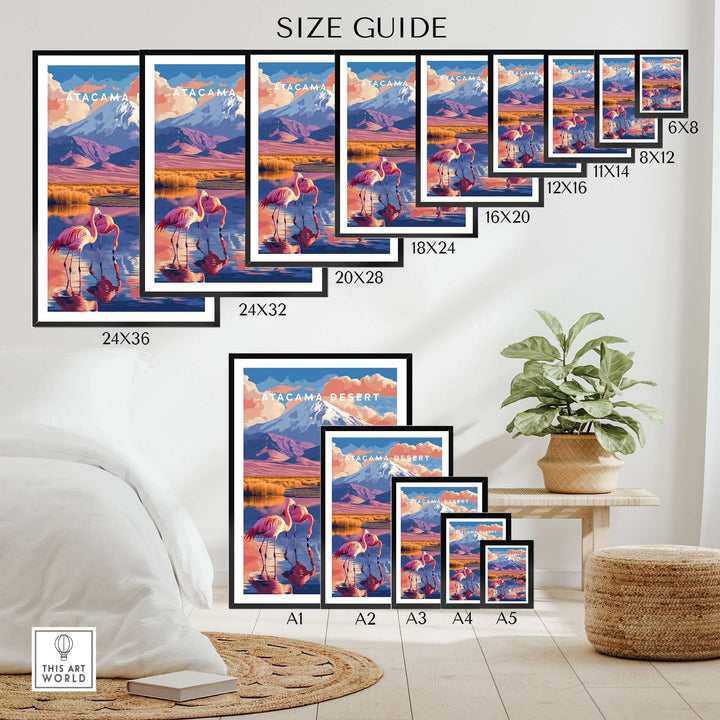 Size guide for Atacama Desert Print in various dimensions displayed in a stylish room setting.