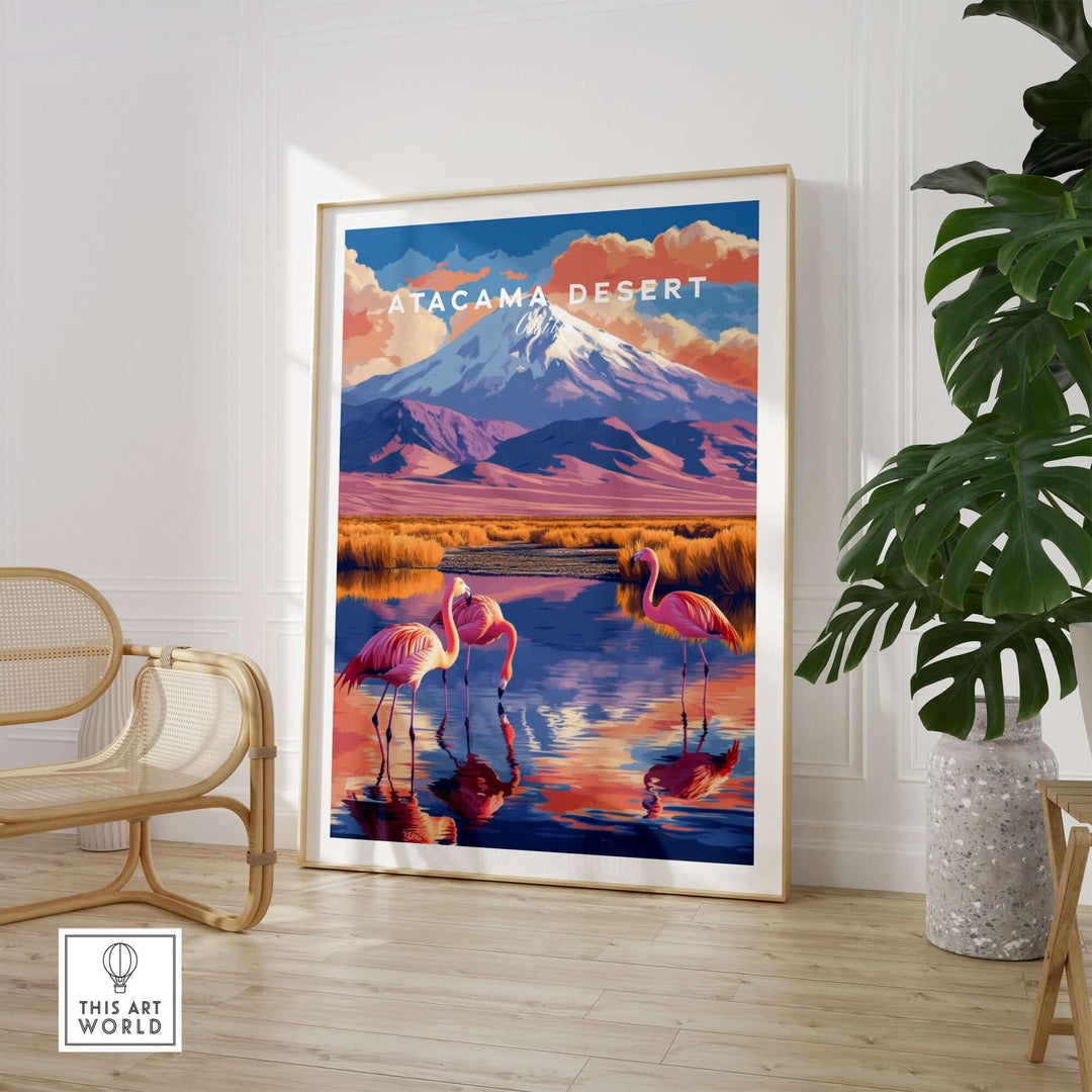 Atacama Desert print featuring vibrant colors, flamingos, and majestic mountains in a stylish interior setting.